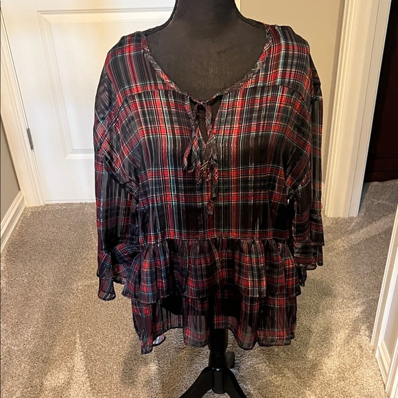 Cato Tops - Cato Black and Red Checkered Peplum Blouse